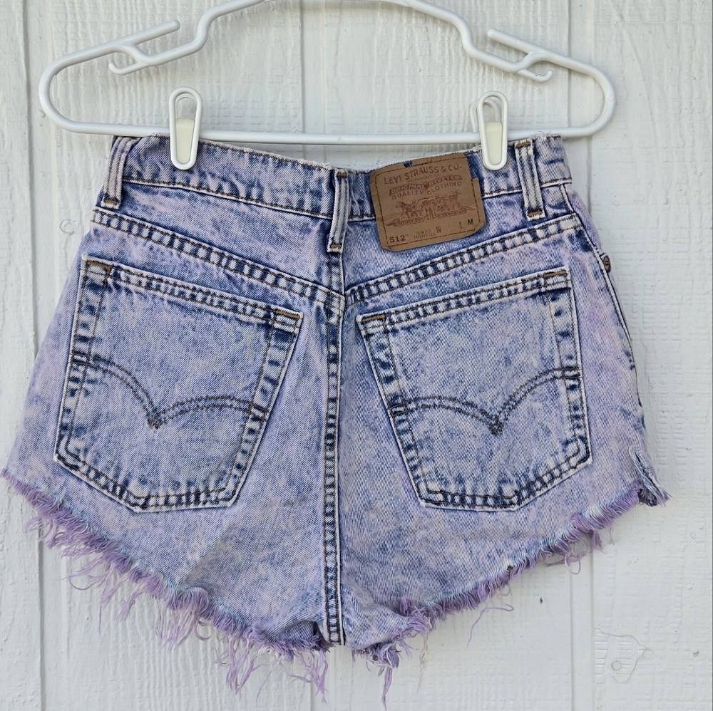 Levi's 512 Slim Fit Distressed Frayed High Waist Cutoffs Purple Acid Wash sz 11